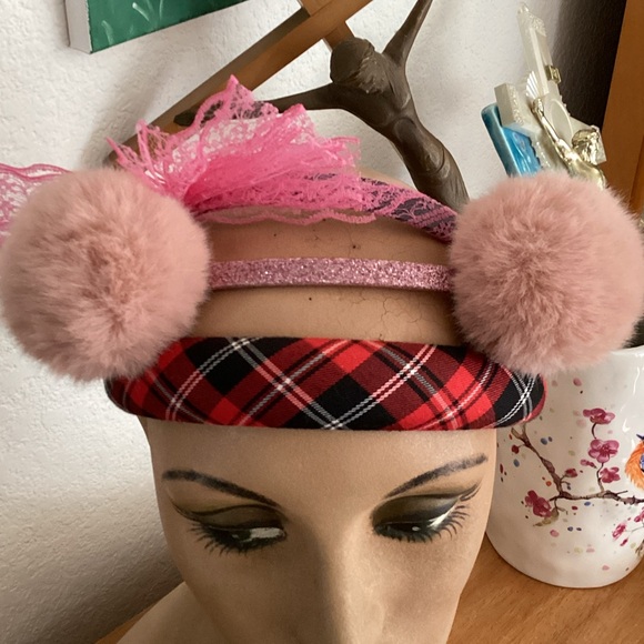 Plaid and Pink Pom-Pom Headband Set - Picture 1 of 3